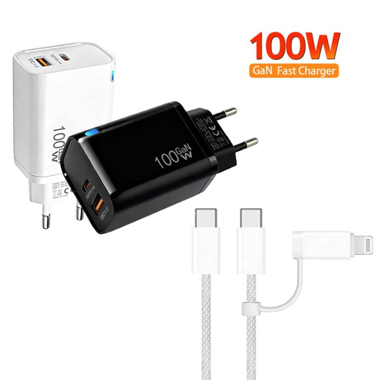 PD47 100W GaN PD Type-C + QC3.0 USB Charger with Type-C to Type-C / 8-Pin Data Cable, EU Plug, EU Plug