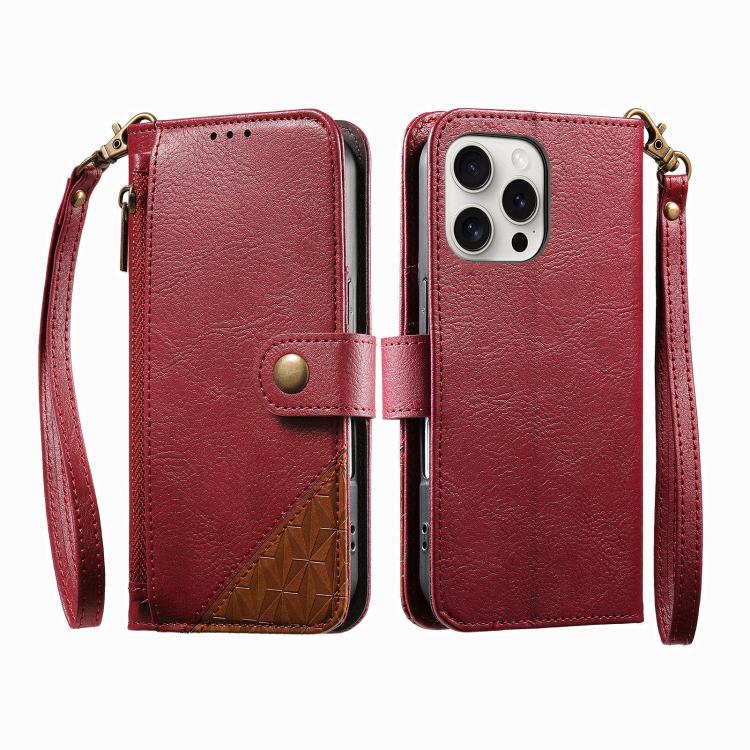 Splicing Zipper Wallet Vegan Leather Phone Case with Strap, For iPhone 15 Pro Max, For iPhone 15 Pro, For iPhone 15 Plus, For iPhone 15