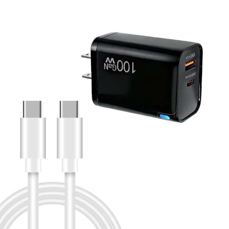 PD47 GaN 100W PD Type-C + QC3.0 USB Charger with Type-C to Type-C Data Cable, US Plug, US Plug