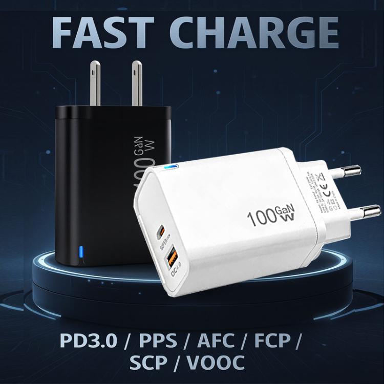 PD47 GaN 100W PD Type-C + QC3.0 USB Charger with Type-C to Type-C Data Cable, US Plug, US Plug