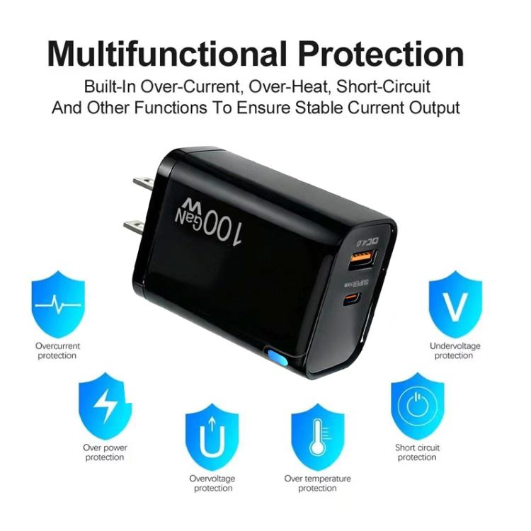 PD47 GaN 100W PD Type-C + QC3.0 USB Charger with Type-C to Type-C Data Cable, US Plug, US Plug