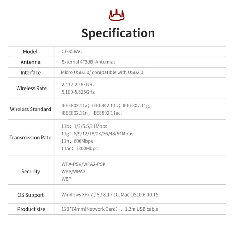 Comfast CF-958AC High Power PA Wifi Adapter 1900Mbps Gigabit E-Sports Network Card 2.4Ghz+5.8Ghz USB 3.0 PC Lan Dongle Receiver