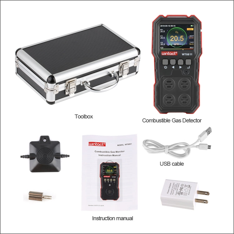 WINTACT WT8811 Compoud Gas Monitor LCD Display Rechargeable Multifunction 4 in1 Combustible O2 H2S CO Gas Sensor Sound-light Vibration Alarm