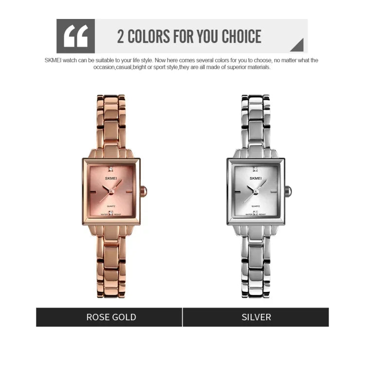 SKMEI 1407 Business Fashion Watch with Diamonds Delicate and Elegant Square Zinc Alloy Quartz Watch for Women, Silvery