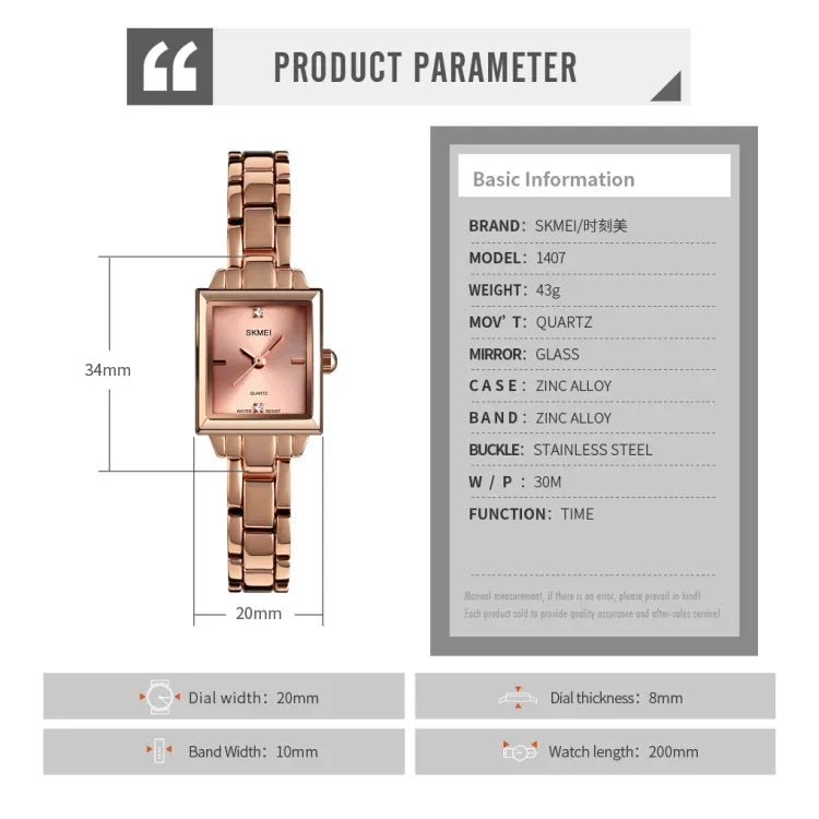 SKMEI 1407 Business Fashion Watch with Diamonds Delicate and Elegant Square Zinc Alloy Quartz Watch for Women, Silvery