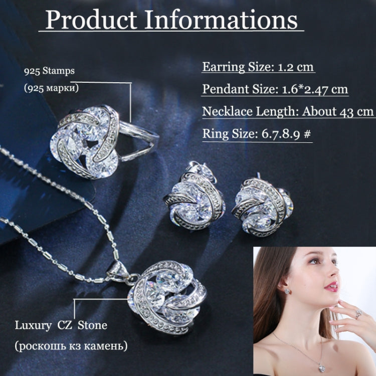 Fashion Cubic Zirconia Knot Earrings Necklace Ring Set for Women, 7, 9, 6, 8