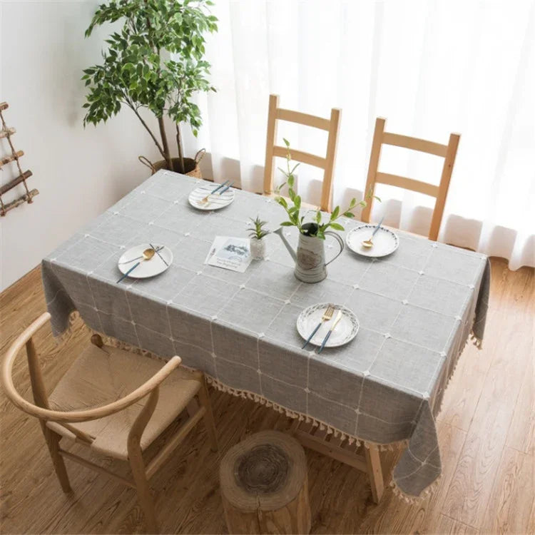 Square Lattice Embroidered Tablecloth Pure Color Cotton Linen Tassel Rectangular Coffee Table Mat, 60x60cm, 90x90cm, 90x140cm, 110x110cm, 100x160cm, 110x170cm, 140x140cm, 140x180cm, 140x200cm