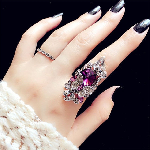2 PCS/Set Women Fashion Retro Palace Gemstone Crystal Butterfly Ring, Purple