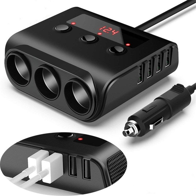TR12 100W Car Cigarette Lighter One Drag Three With Switch Voltage Display 4USB Car Cigarette Lighteri, TR12 (Black), TR12