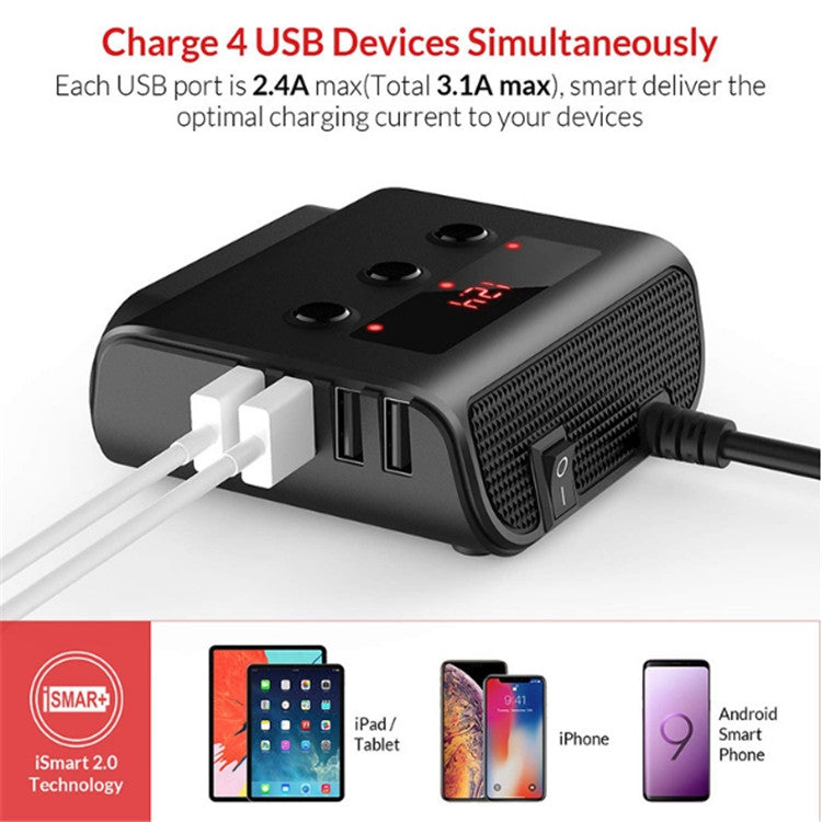 TR12 100W Car Cigarette Lighter One Drag Three With Switch Voltage Display 4USB Car Cigarette Lighteri, TR12 (Black), TR12