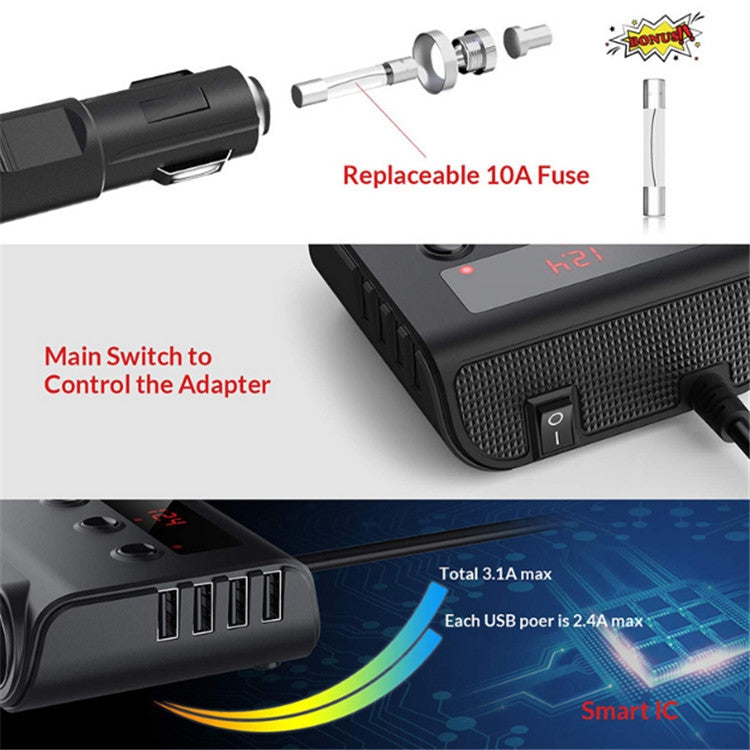 TR12 100W Car Cigarette Lighter One Drag Three With Switch Voltage Display 4USB Car Cigarette Lighteri, TR12 (Black), TR12