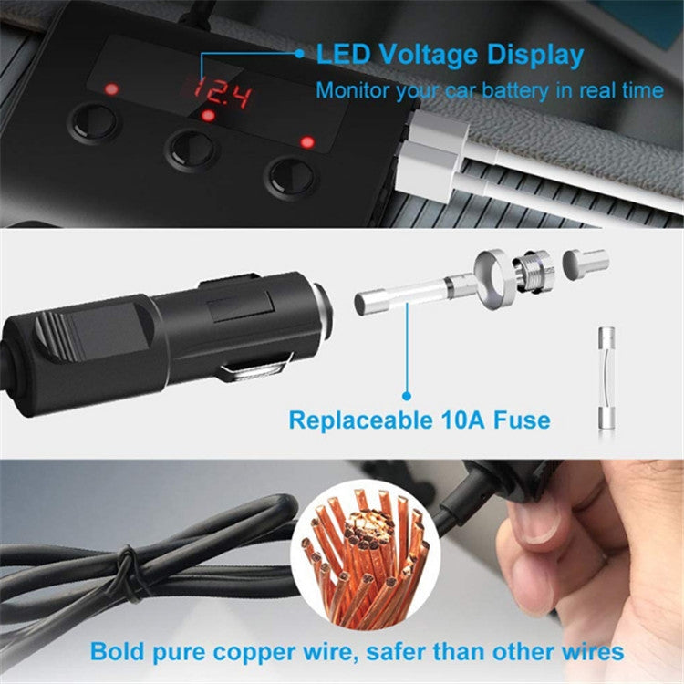 TR12 100W Car Cigarette Lighter One Drag Three With Switch Voltage Display 4USB Car Cigarette Lighteri, TR12 (Black), TR12