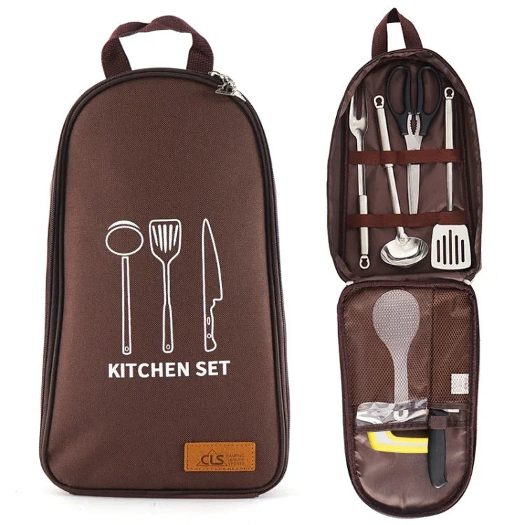 CLS 7-In-1 Outdoor 201 Stainless Steel Cookware Set Picnic Kitchenware Portable Handbag Picnic Bag, 7 in 1 Coffee, 7 in 1 Triangle Pattern