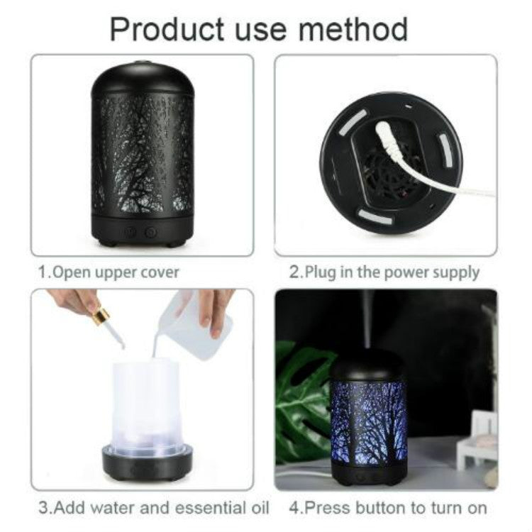 Metal Tree Air Humidifier Essential Oil Diffuser Mist Maker Colorful LED Lamp Diffuser Aromatherapy Air Purifier,, EU Plug