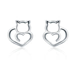 Simple Plain Silver Cat Earrings Sterling Silver Hollow Female Earrings Small Animal Silver Jewelry, SCE271