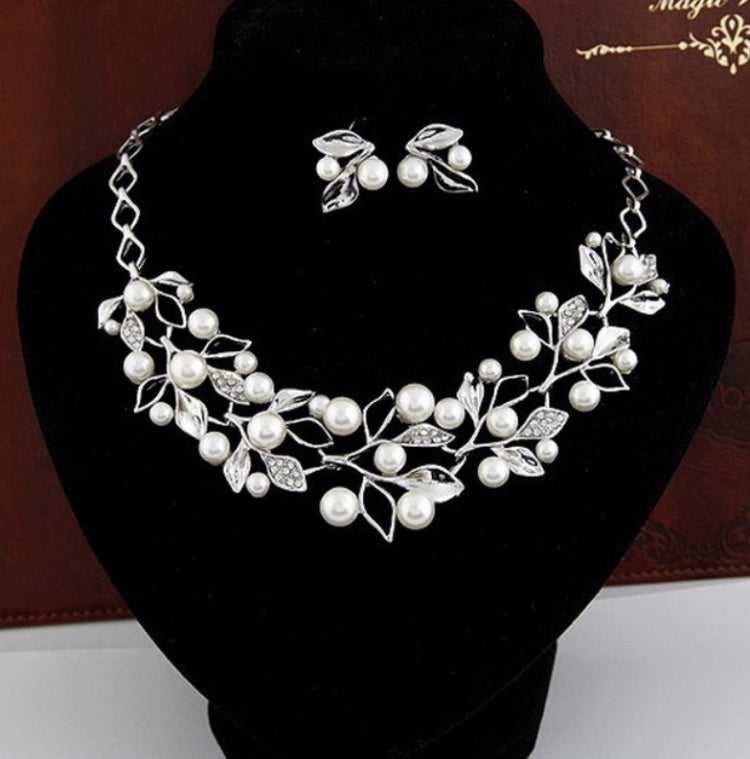 Leaf Crystal Simulated Pearl Wedding Jewelry Necklaces Earrings Sets, Gold, Silver