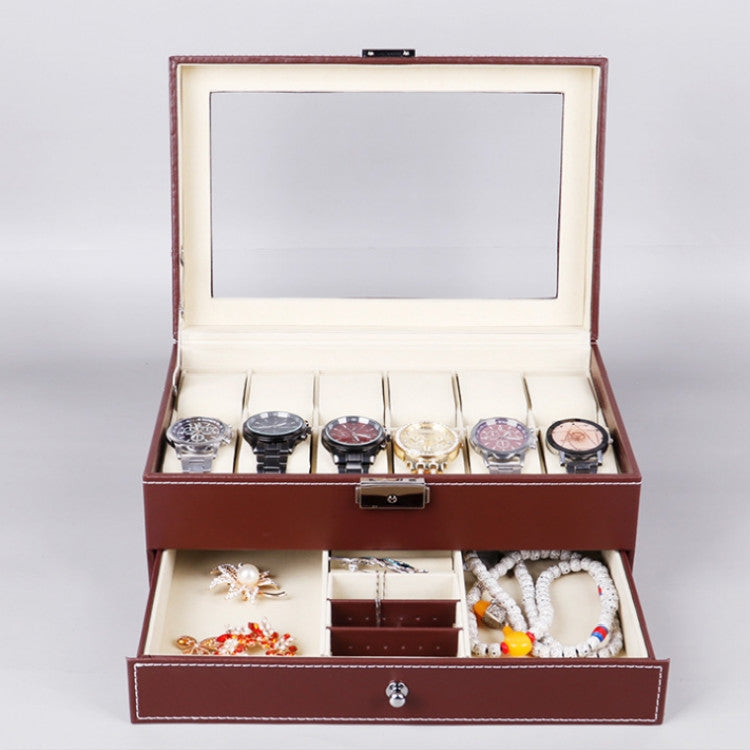 PU Leather 12-bit Watch Box Double-layer Jewelry Box Storage Display Box, PU Leather Brown