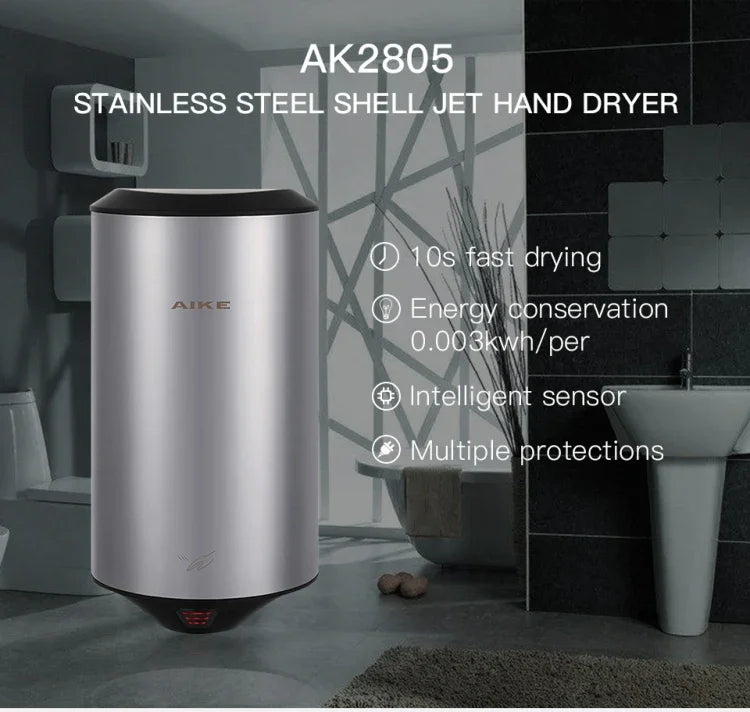 304 Stainless Steel Automatic SensorJet Hand Dryer High Speed Airflow for Home Hotel Airport Hands Drying Machine