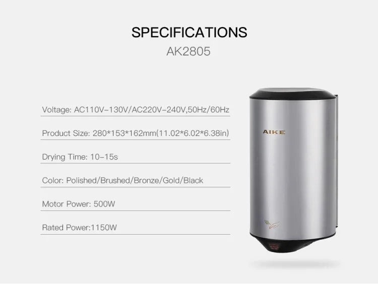 304 Stainless Steel Automatic SensorJet Hand Dryer High Speed Airflow for Home Hotel Airport Hands Drying Machine