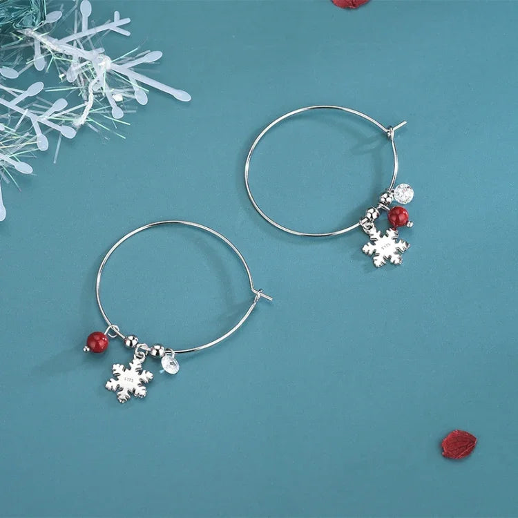 S925 Sterling Silver Sparkling Diamond Red Ball Snowflake Earrings Christmas Earrings