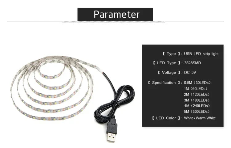 USB Power SMD 2835 Epoxy LED Strip Light Christmas Desk Decor Lamp for TV Background Lighting, 1m, 5m