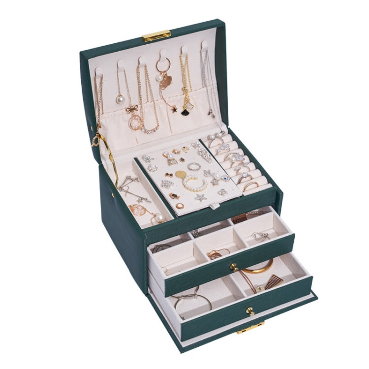 Three-Layer Leather Drawer Type Jewelry Storage Box Earrings Box With Lock, Three-Layer (Navy Blue), Three-Layer (Creamy White), Three-Layer (Dark Green)