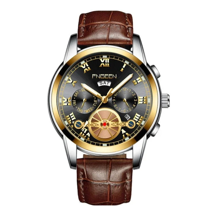 FNGEEN 4001 Men Non-Mechanical Watch Multi-Function Quartz Watch, Black Steel White Surface Gold Nails, Brown Leather Gold Black Surface
