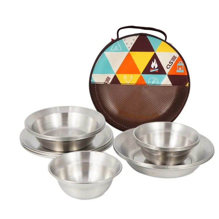 CLS Outdoor Stainless Steel Tableware Portable Camping Dinner Bowl Plate Kit, 16 PCS / Set