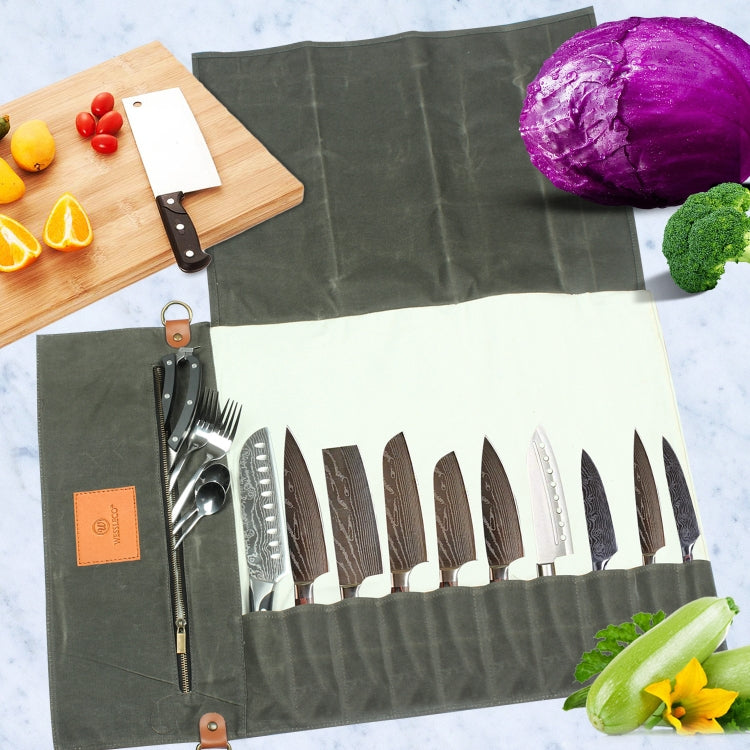 WESSLECO Canvas Roll Chef Knife Storage Bag, WESSLECO Army Green