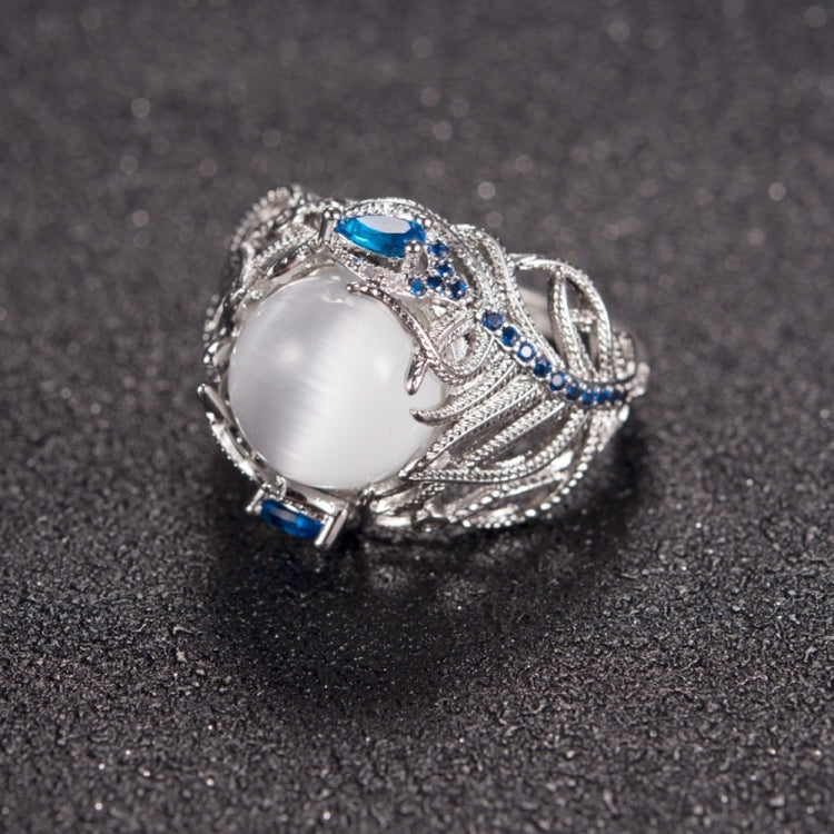 Vintage Silver Hollow Natural Opal Rings Feather Pattern Rings for Women Jewelry, 6, 7, 9
