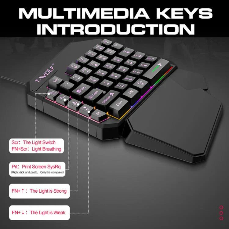 T-WOLF Mobile Gaming One-Handed Keyboard，Specification：, T19 Keyboard, TF-900 Set, Keyboard + Mouse + Throne