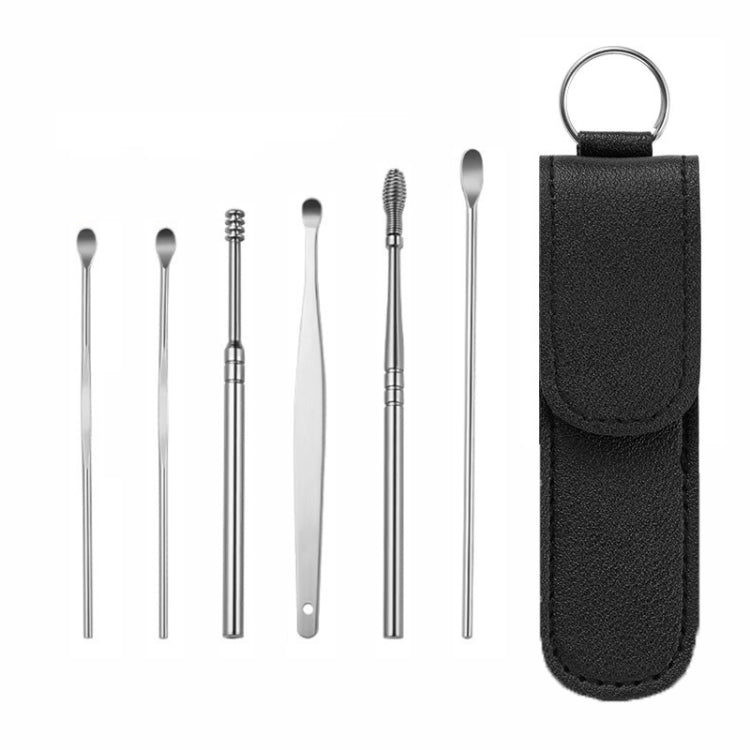 6 In 1 Stainless Steel Spring Spiral Portable Ear Pick, Yellow Leather Case, Pink Leather Case, Black Leather Case, Yellow, Blue, Pink, Green, Purple, Black