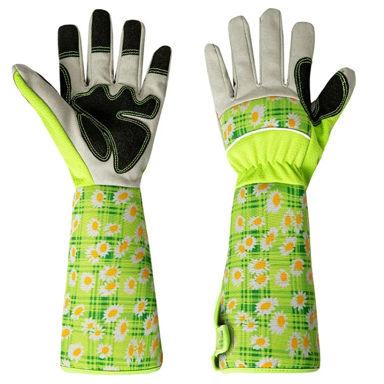 Gardening Stab Resistant Print Sleeve Wrist Extended Gloves, Green, Pink