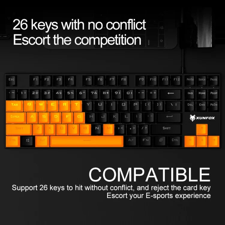 XUNFOX K80 87 Keys Wired Gaming Mechanical Illuminated Keyboard, Cable Length:1.5m, White Yellow, Black Gray, Pink White, Blue White, White Blue, Yellow White, Gray Black