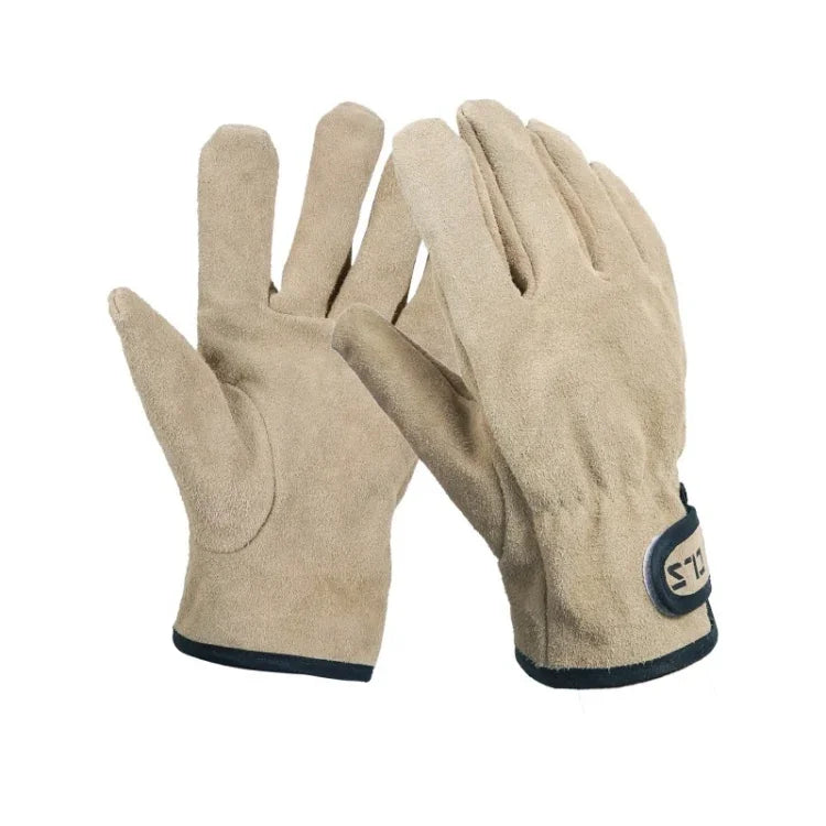 CLS Outdoor Cookout Barbecue Heat Resistant Protective Cowhide Gloves, Khaki, Silver Gray