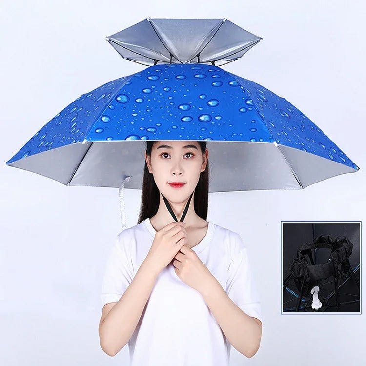 Double-layer Fishing Umbrella Hat Outdoor Sunscreen And Rainproof Folding Umbrella Hat, 95 Blue (Elastic Band), 95 Silver (Elastic Band), 95 Blue (Rubber Sleeve), 95 Silver (Rubber Sleeve), 80 Blue, 80 Camellia, 95 Blue Vinyl (Rubber Sleeve)
