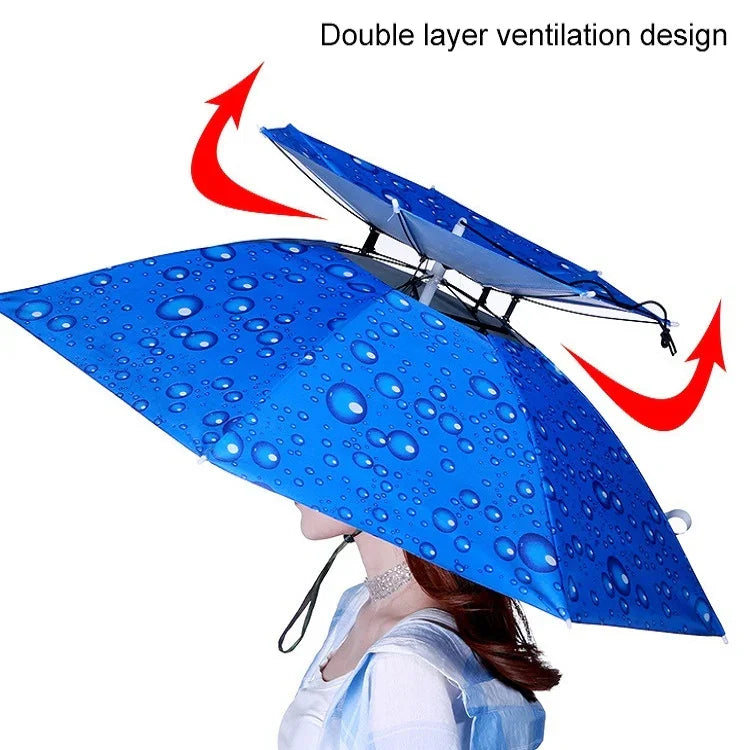 Double-layer Fishing Umbrella Hat Outdoor Sunscreen And Rainproof Folding Umbrella Hat, 95 Blue (Elastic Band), 95 Silver (Elastic Band), 95 Blue (Rubber Sleeve), 95 Silver (Rubber Sleeve), 80 Blue, 80 Camellia, 95 Blue Vinyl (Rubber Sleeve)