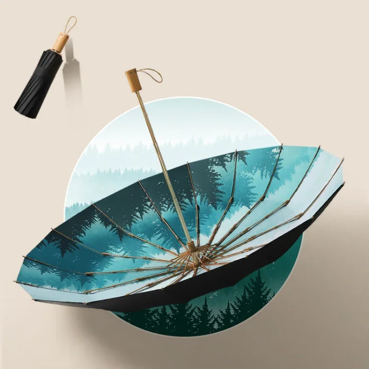Retro Tri-Fold Wooden Handle 16-Bone Folding Sunscreen Parasol, Yunchun Tree, Sunset Mountains, Jiangnan Yi, Ao Hanmei, Chrysanthemum City