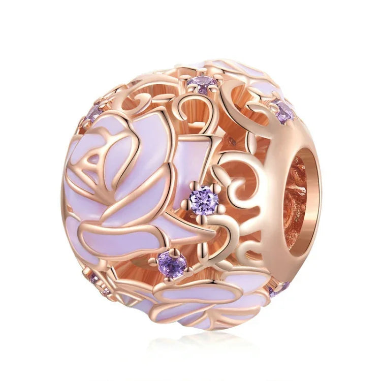 BSC644 S925 Silver Purple Rose Beads Electroplating Hollow DIY Bead Accessories, BSC644