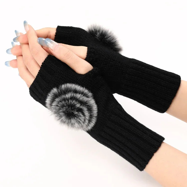 Autumn And Winter Women Fingerless Fur Ball Gloves Knitted Wool Warm Sleeves, Black, White, Dark Gray, Light Grey, Coffee, Wine Red, Khaki, Cream Color