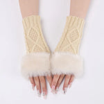 Ladies Short Type Furry Gloves Diamond Knit Warm Fingerless Arm Sleeves, Beige, Dark Gray, Light Grey, White, Black, Wine Red, Tibetan, Coffee, Khaki
