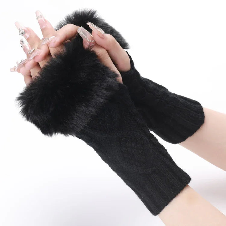 Ladies Short Type Furry Gloves Diamond Knit Warm Fingerless Arm Sleeves, Beige, Dark Gray, Light Grey, White, Black, Wine Red, Tibetan, Coffee, Khaki