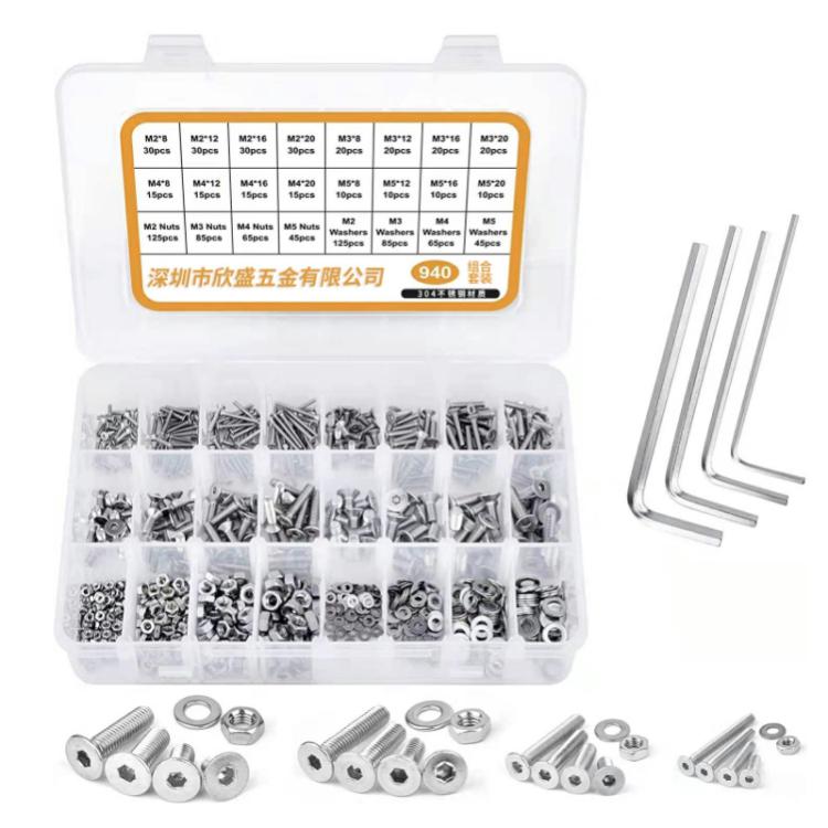 M2/M3/M4/M5 Flat Head Hexagon Socket Screws Gasket Ring Set, 940 PCS/Set