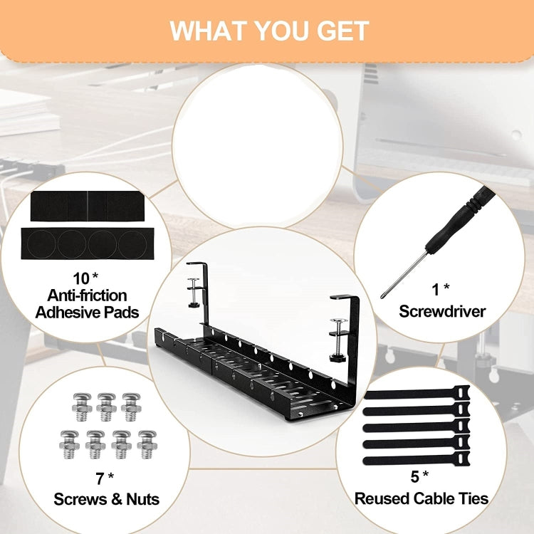 Stretchable Under Desk Cable Management Tray Carbon Steel Cable Organizer Cable Storage Rack, Stretchable Black, Stretchable 30.5-55CM