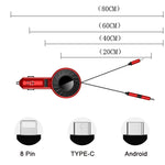 3 In 1 USB Dual Cable Single Pull Retractable Car Charger, Red, Black