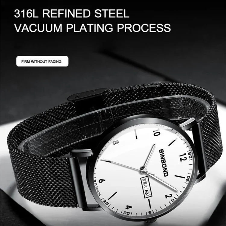BINBOND B3820 30M Waterproof Ultra-thin Quartz Luminous Starry Watch, Black Net-Black-Starry