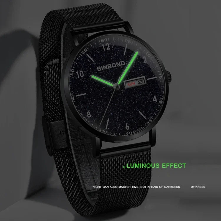 BINBOND B3820 30M Waterproof Ultra-thin Quartz Luminous Starry Watch, Black Net-Black-Starry