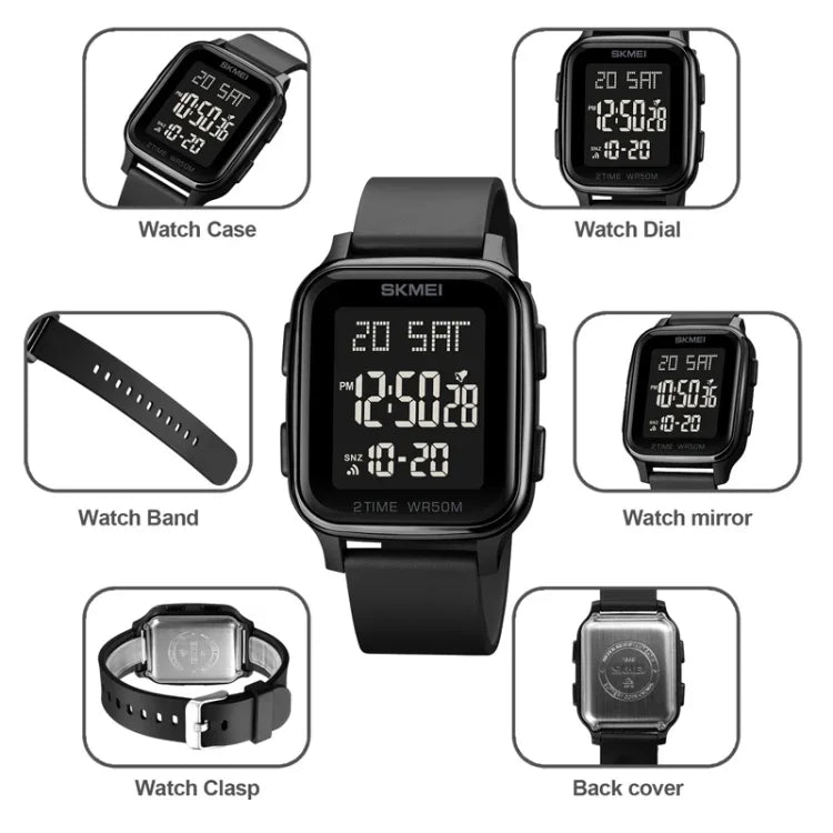 SKMEI 1858 Square Waterproof Digital Dual Display LED Luminous Watch, 1858 Red, 1858 Blue, 1858 Black, 1858 Rose Gold
