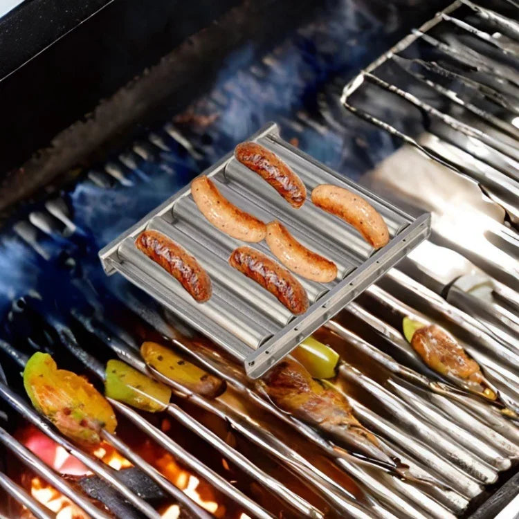 Hot Dog Sausage Grill Stainless Steel Wooden Handle BBQ Rack Kitchen Tools, Hot Dog Sausage Grill