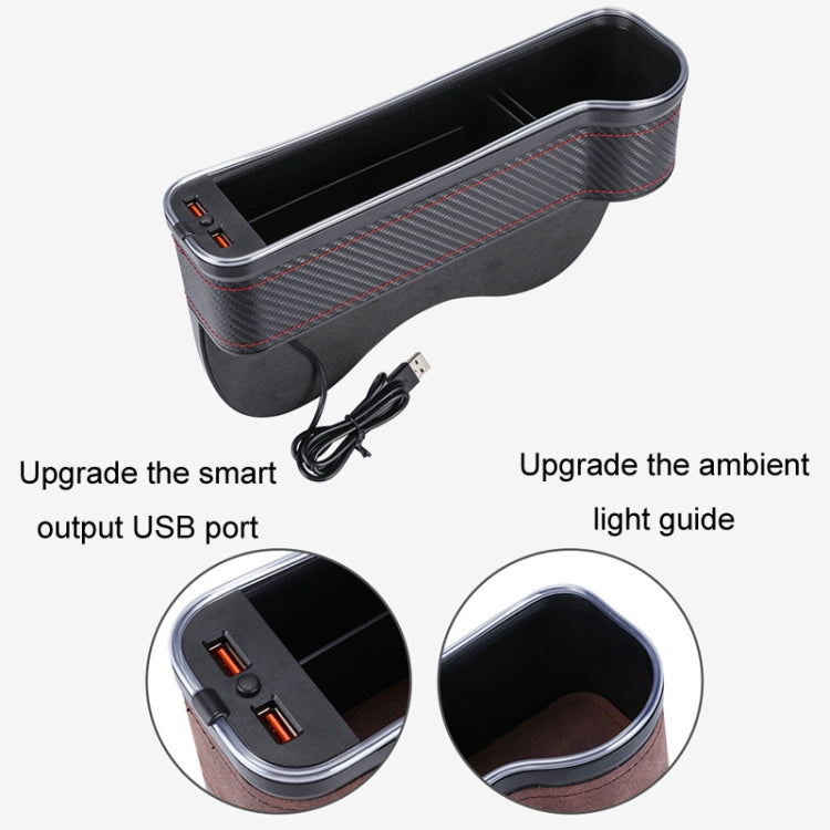 Car Central Control Seat Gap Storage Box with Dual USB Ambient Lights, Suede Khaki Co-pilot